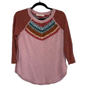 We The Free Free People Crochet Bib Raglan Tee Pink Terracotta Small Boho